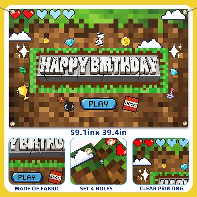 Pixel Birthday Party Decorations Pixel Video Game Banner for Miner Birthday Party Backdrop Photo Background Wall Decor Mining Party Supplies