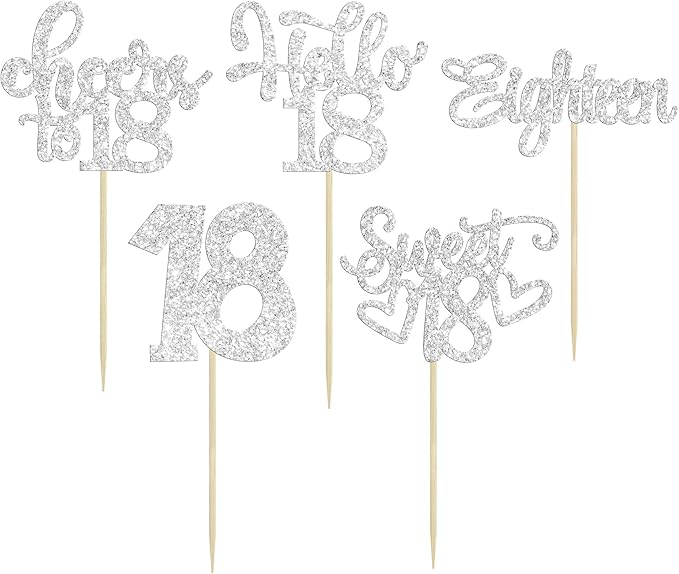 30Pcs18th Birthday Cupcake Toppers Eighteen Happy 18th Cupcake Picks Sweet 18 Cheers to 18 Cake Decorations for 18th Birthday Anniversary Party Supplies Silver Glitter