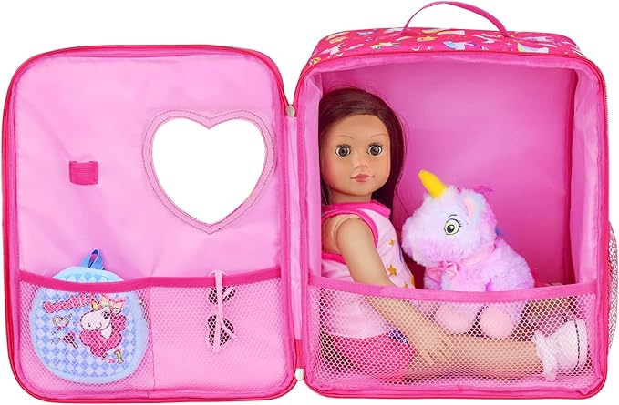 K.T.Fancy 7 PCS 18 inch Dolls Bag Carrier Set and Accessories Including Clothes, Shoes, Sunglasses, Doll Backpack and Toy Unicorn (NO Doll)