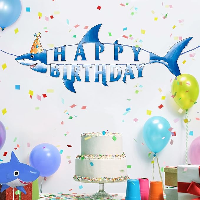 WERNNSAI Shark Happy Birthday Banner - Pre-strung Shark Birthday Banner for Kids Boys, Ocean Theme Party Supplies, Beach Under The Sea Theme Party Hanging Wall Decor