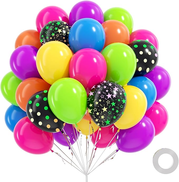 60pcs Neno Balloons 12inch, Yellow Hot Pink Lime Green Orange Blue Purple Rainbow Balloons for 80s 90s Neon Birthday Party Decorations