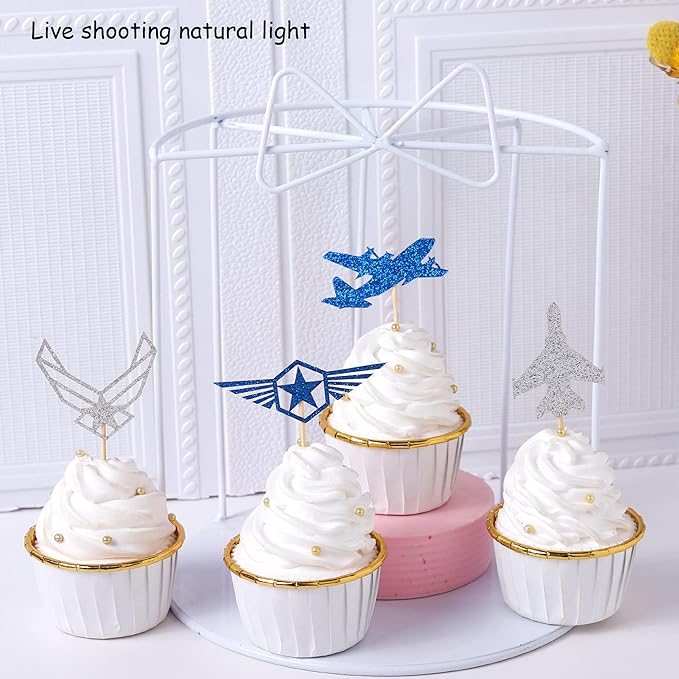 24 Pack Air Force Cupcake Toppers Glitter Military Emblem Airplane Cupcake Picks for Army Navy Airplane Theme Kids Birthday Cake Decorations Party Supplies Blue Silver