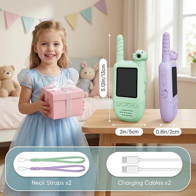 Kids Video Walkie Talkies 2 Pack, 180° Rotating Camera & Live Video Chat, Rechargeable Intercom Toys with 6 Voice Changers, Flashlight & 10 Fun Ringtones, Outdoor Toys for Boys Girls, Green & Purple