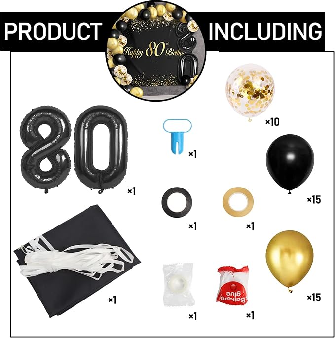 Happy 80th Birthday Balloons Black Set Decor - Cheers to 80 Years Old Party Theme Garland Banner Backdrop Decorations For Women and Men Supplies