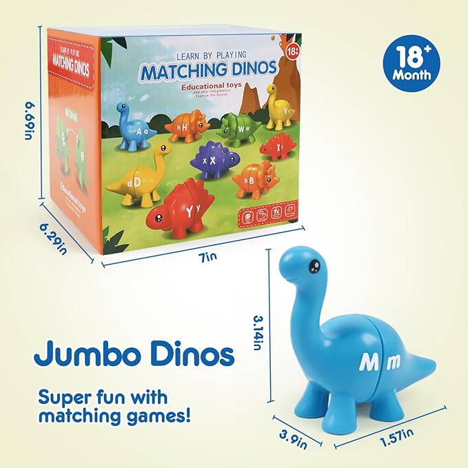 26pcs Alphabet Dinosaurs Matching Toy, Toddlers ABC Learning Dinosaurs with Uppercase Lowercase, Match and Snap Fine Motor Game Preschool Learning Activities, Birthday Gifts for Boys & Girls