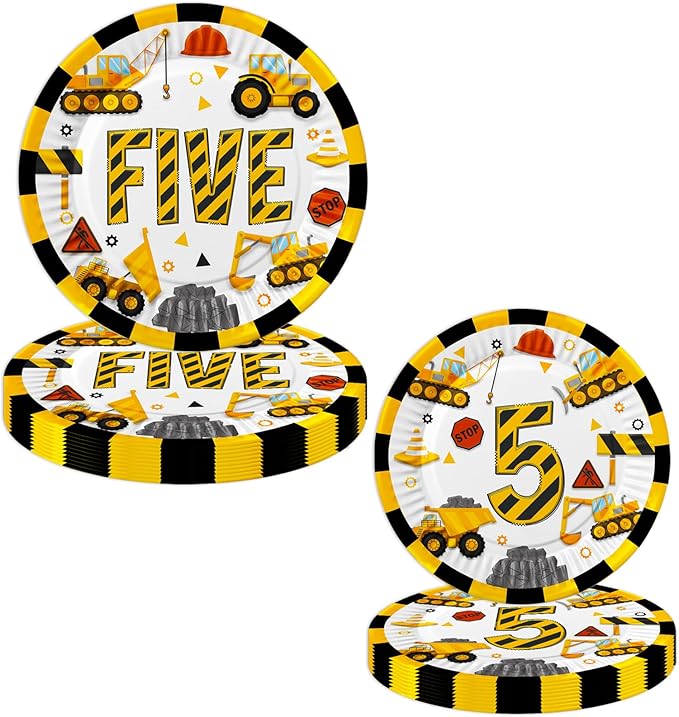Letromp Construction 5th Birthday Decorations Construction Five Years Old Disposable Paper Dinner Plates Napkins Forks Dinnerware for Dump Truck Theme Fifth Birthday Party Supplies Decorations