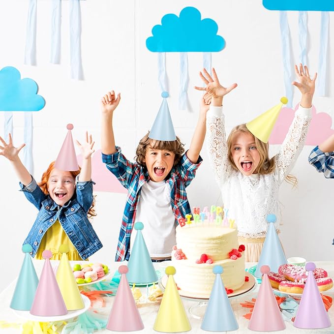 CHUNNIN 48pcs Rainbow Party Hats Pastel Rainbows Birthday Parties Supplies Macaron Cone Hat Happy Birthdays Paper Headwear with Pom Pom for Kids and Adults Baby Shower Bridal Shower Decorations Favors