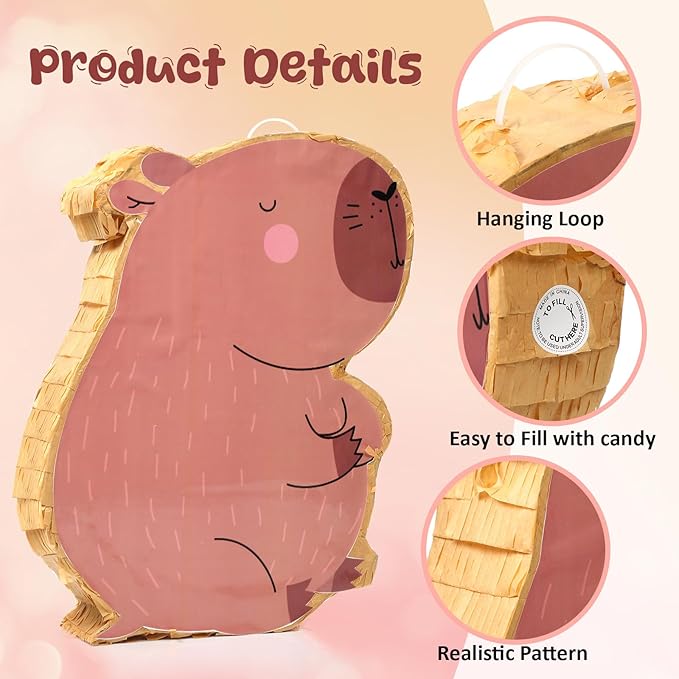 Capybara Piñata for Kids Birthday Party 15.7 x 10 x 2.8 Inches Animal Piñata with Bat Blindfold and Confetti for Baby Shower Photo Props Cinco De Mayo Fiesta Decoration