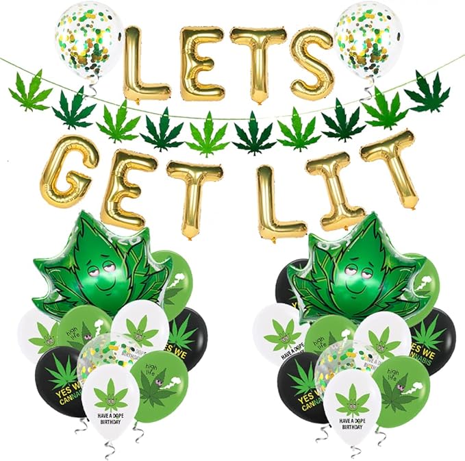 47pcs 'lets get lit' Party decorations for adults, weed set includes Latex Marijuana balloons, weed shape foil balloons and banner, Green Confetti balloons, For cannabis birthday-themed party