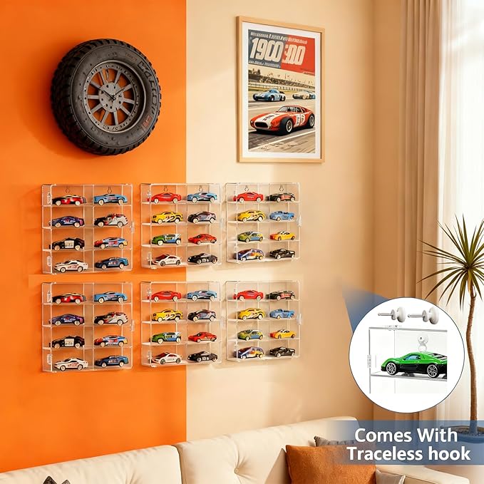 4-Pack Clear Display Case for 1/64 Scale Die-Cast Cars, Compatible with Hot Wheels & Matchbox, Wall-Mountable & Stackable Toy Car Storage Boxes, Holds 32 Cars, Dustproof, 6.5 × 7.5 × 1.6 in
