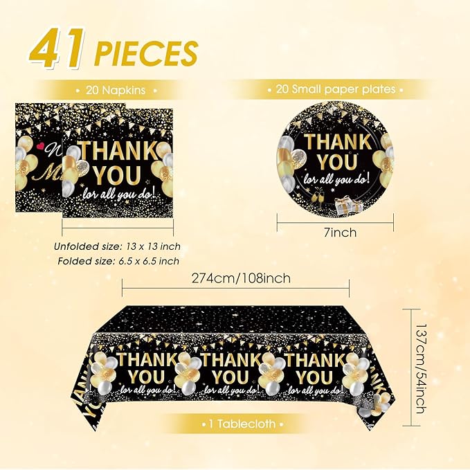 41Pcs Black Gold Thank You Decorations Thank You for All You Do Tableware Disposable Paper Plates Napkins Tablecloth丨Teacher Employee Staff Doctors Nurse Pastor Appreciation Week Party Decor