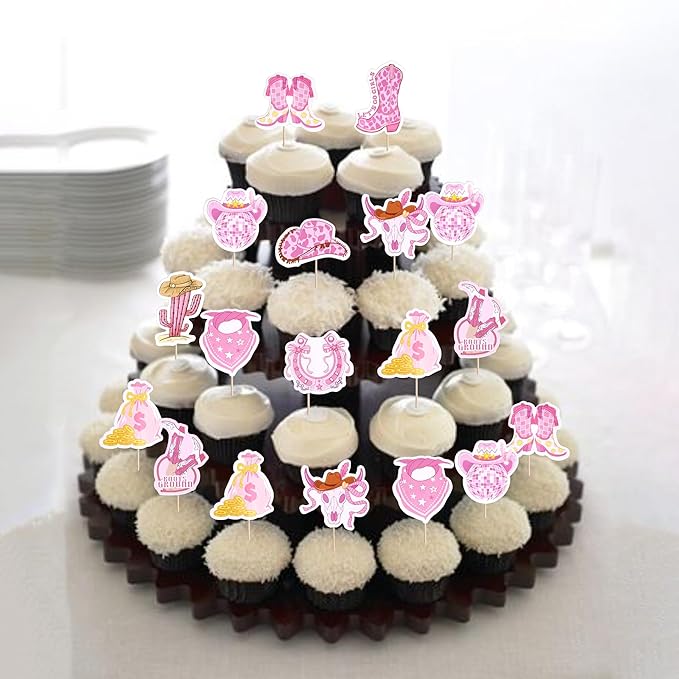 40 PCS Cowgirl Cupcake Toppers HorseShoe Hat and Boot Cupcake Picks Cactus Bandana Disco Ball Cake Decorations for Western Cowgirl Theme Baby Shower Kids Birthday Lets Go Girls Party Supplies