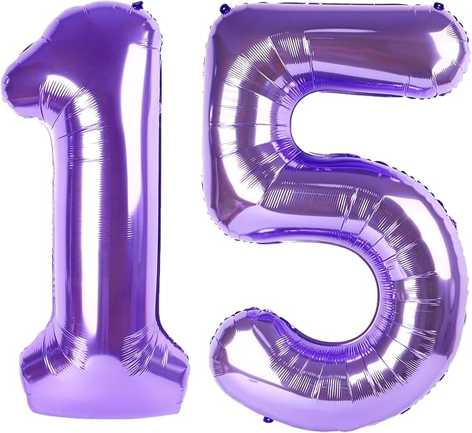 40 Inch Purple Number 15 Digital Balloon,Jumbo Mylar Foil Helium Balloon for 15 Balloons for Birthday Party,Wedding Anniversary Party Decorations