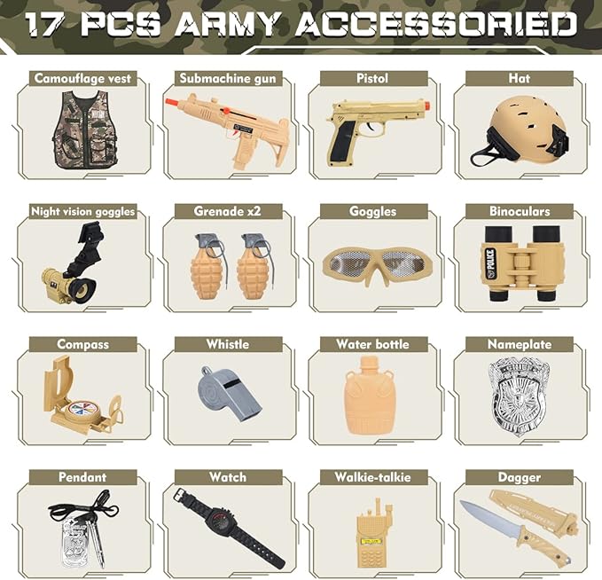 17 PCS Kids Army Costume, Military Soldier Dress up Role Play, Combat Marines for Halloween with Camouflage Vest, Helmet and Accessories for Kids Boys 3+