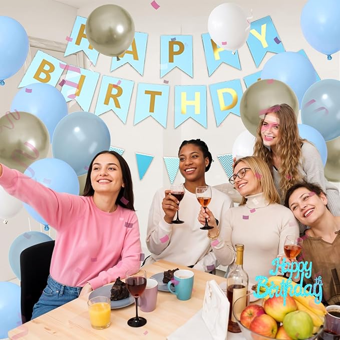 Blue Birthday Decorations, Dusty Blue Happy Birthday Party Decorations With Metallic Sand Gold Dusty Macaron Blue White Balloons Fringe Curtain Banner Cake Topper For Man Woman Party Supplies