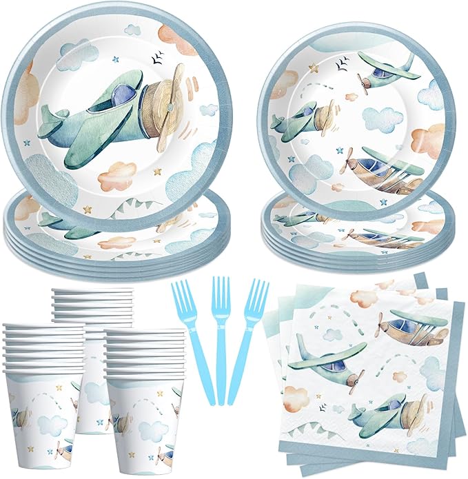 Airplane Birthday Party Supplies - Airplane Decorations Tableware, Paper Plate, Cup, Napkin, Fork, Baby Shower Dinnerware | Serve 24