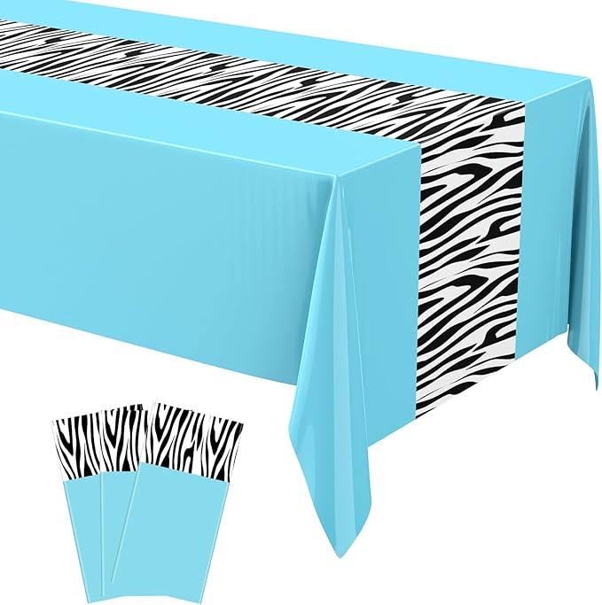 Buryeah 3 Pcs Zebra Tablecloth Zebra Print Plastic Table Cloth Disposable Tablecloth Animal Safari Table Cover 54 x 108'' for Baby Shower Wedding Birthday Party Decorations Supplies (Blue)