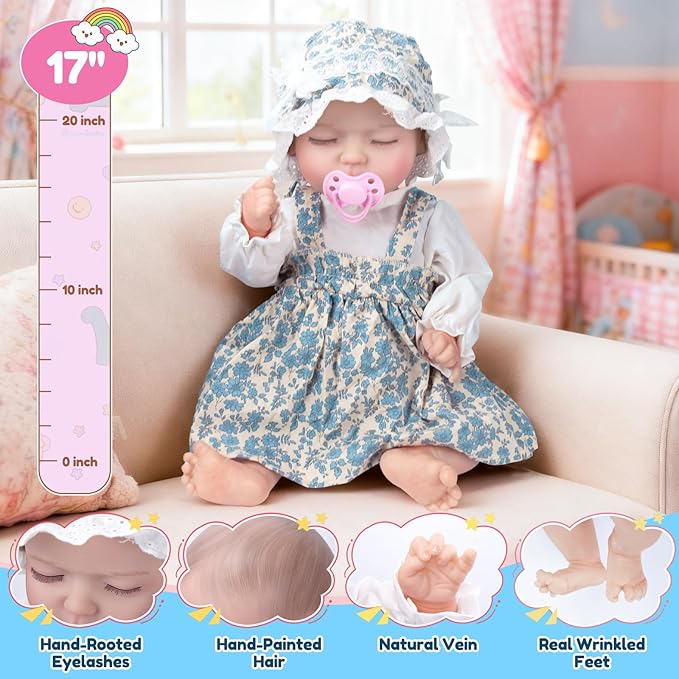 Reborn Baby Dolls -17Inch Newborn Baby Dolls Girl Real Life Baby, Soft Doll Silicone Full Body, Crying, Laughing, Snoring Baby Toys Doll Accessories, Xmas Gift for Girls 3+ (Blue)