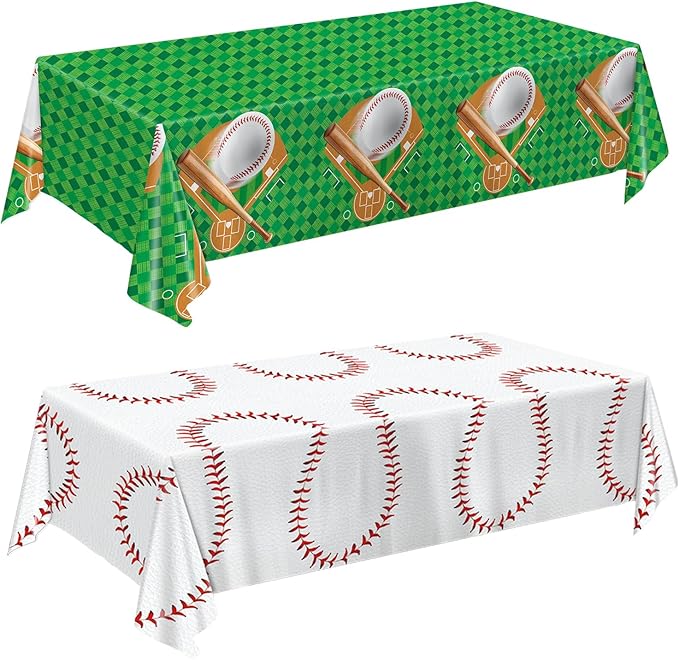 Oigco Baseball Party Decorations 4-Pack Baseball Tablecloth Disposable Plastic Table Cover for Games Birthday Party, 54 x 108 Inch
