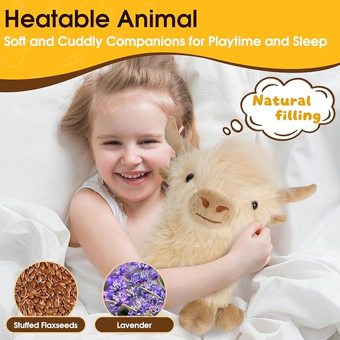 OROZCOR Microwavable Highland Cow Stuffed Animal, Weighted Highland Cow Plush Toys, Cute Weighted Stuffed Animals Gifts for Adult Kids Girls Boys (Microwavable White)