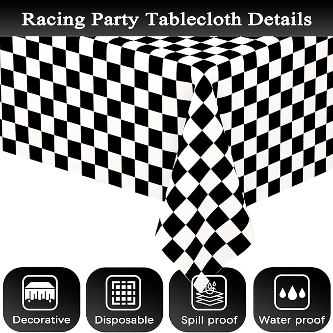 WNINK 2 Pack Black and White Checkered Disposable Tablecloth Race Car Theme Party Table Cloth, Black checkered tablecloth for Race Car Theme Birthday, Outdoor Picnic Parties Decorations, 54 × 108 Inch