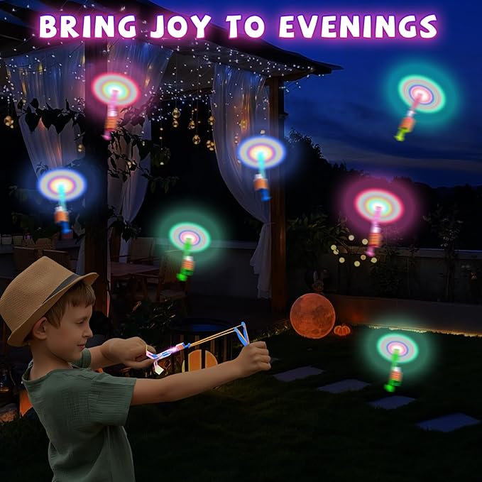 SCIONE 24 Sets LED Flying Set, 24 Slingshot+24 Glow Helicopter-48 Pcs, Flying Toy Outdoor Toys Glow in The Dark Party Supplies Party Favors for Kids 8-12,4-8