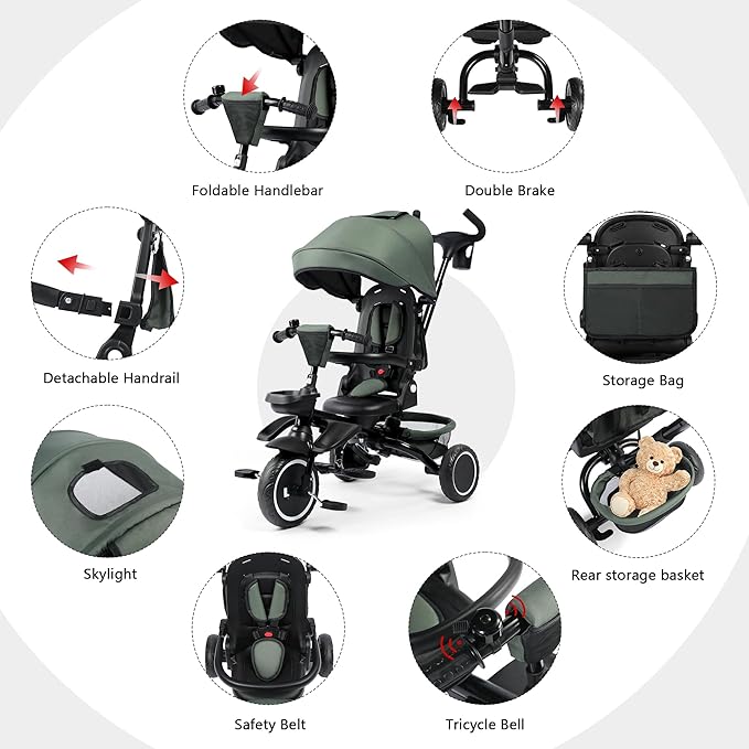 Kinder King Kids Tricycle, 8 in 1 Folding Toddler Trike w/Adjustable Push Handle, Rotatable Seat, Adjustable Canopy, Bell, Five-Point Harness, Storage, Bike Tricycle for Toddlers 1-3, Forest