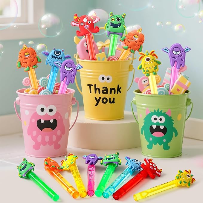 Winrayk Monster Party Favors, 24Pcs Self-designed Mini Bubble Wands for Kids Bubbles Bulk with Detachable Topper (6 Styles & Colors), Birthday Gift Toy Pinata Filler Goodie Bag Stuffer Classroom Prize