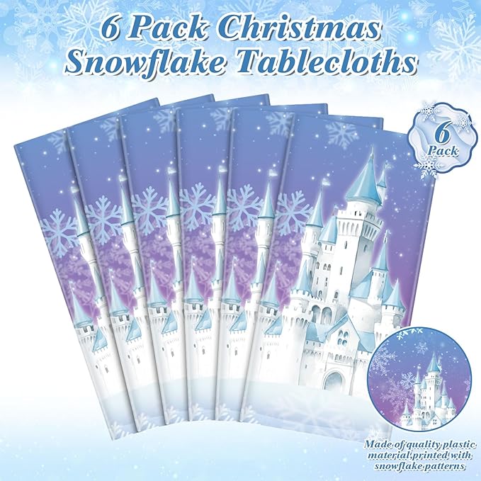 6 Pack Frozen Tablecloth, 54 x 108 Inch Snowflake Plastic Tablecloths Blue and Purple Snowflakes Table Cover, Winter Wonderland Table Cloth for Holiday Frozen Birthday Party Supplies