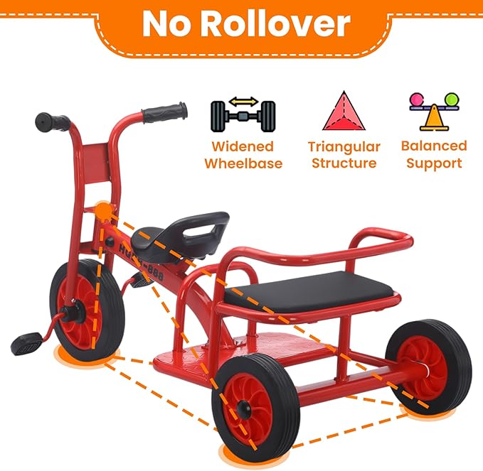 Kids Tricycle for Ages 2-8, Kids Trike Bike, Preschool Daycare Tandem Tricycle with Adjustable Seat, Airless Rubber Tires and Rear Padded Seat, Gift for Boys and Girls