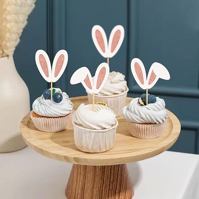 Ercadio 24Pcs Easter Bunny Ear Cupcake Toppers Glitter Rose Gold Rabbit Ears Cupcake Picks Easter Bunny Cupcake Toppers for Rabbit Kids Birthday Baby Shower Easter Wedding Anniversary Party Supplies