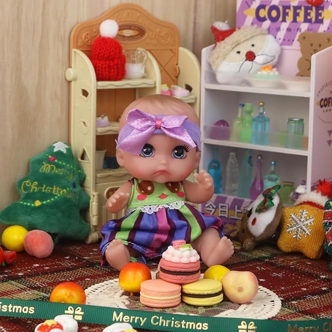 6" Cute Small Baby Doll Newborn Baby All Vinyl Reborn Baby Dolls for Girls Swivel Mini Dolls 16 cm Crying Baby DIY Toys for Ages 3+(Purple)