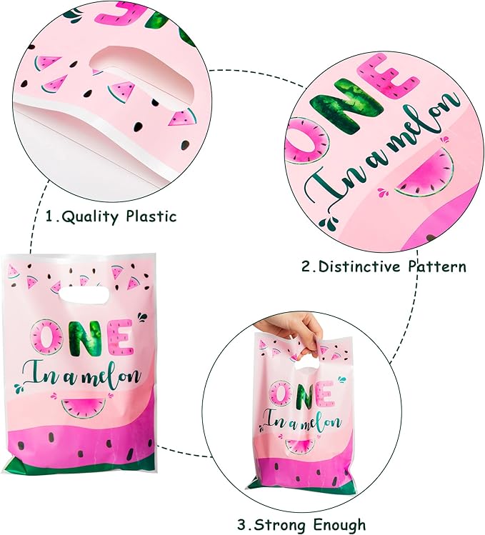 50Pcs One in A Melon Party Favor Bag Watermelon Themed Waterproof Goodie Bag with Die Cut Handles Summer Glossy Plastic Candy Gift Bags for Kid First Birthday Baby Shower Decoration Supplies