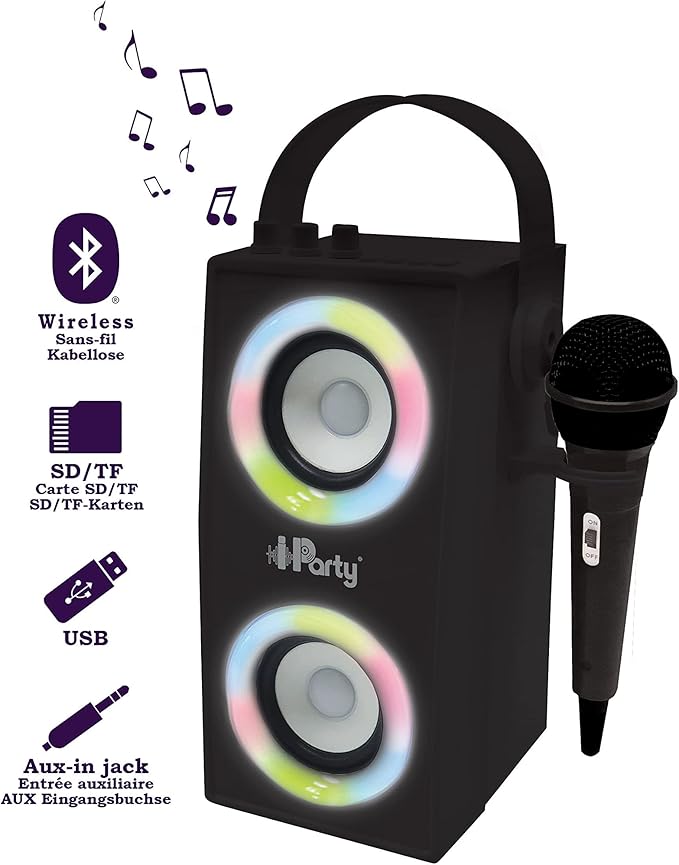 Lexibook iParty - Portable Bluetooth Light Speaker with Microphone, Light Effects, Karaoke, Wireless, USB, SD Card, Rechargeable Battery, Black, BTP180BKZ