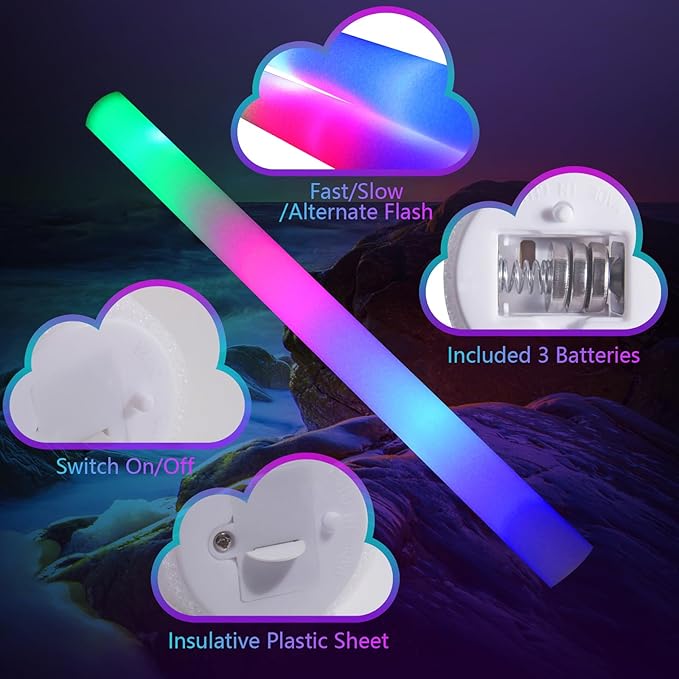 55 PCS Foam Glow Sticks, Foam Light Up Sticks Party Supplies with 3 Mode Colorful Flashing, Glow Sticks Bulk Party Pack, Led Foam Sticks for Birthday, Wedding, New Year, Carnival, Concert