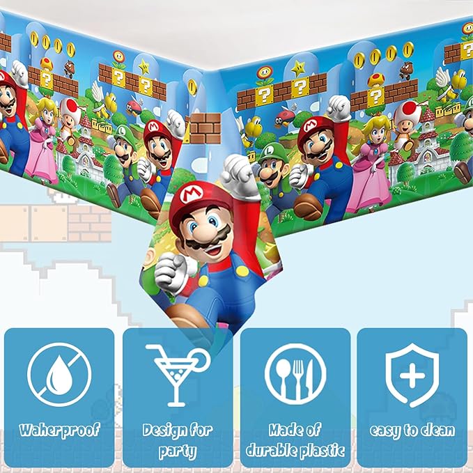 2Pack Mario Tablecloth Disposable Tablecover Birthday Party Supplies and Decorations for Kid Boy Baby Shower Rectangle Tables 70"X42"