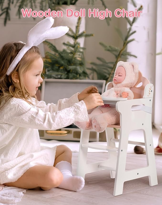 ROBUD Baby Doll High Chair, Pretend Play High Chair with Seat Belt, White Wooden Baby Doll Accessories with Movable Tabletop, Fits 18-20 Inch Dolls, WRP27