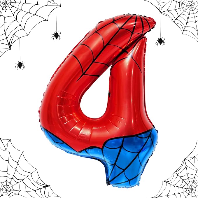 Spider Web Number 4 Balloon Birthday Decoration, Superhero Themed 40in Giant Mylar Number Party Supplies