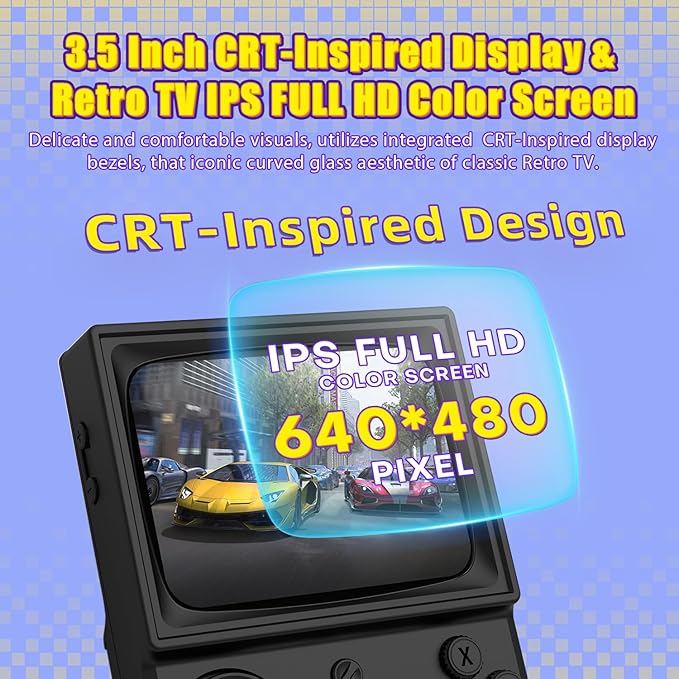 R36T Retro Gaming Console, 3.5'' IPS Screen CRT-Inspired, Handheld Game Console with 22000+ Classic Games Supports WiFi Networked Fighting and OTG, 3500mAh Battery, with Portable Case(Black 128GB)