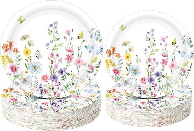 60 Pcs Wildflower Paper Plates 9 in and 7 in Spring Floral Disposable Party Plates Wildflower Butterfly Dessert Tableware for Wedding Baby Shower Birthday Tea Party Table Decor Supplies