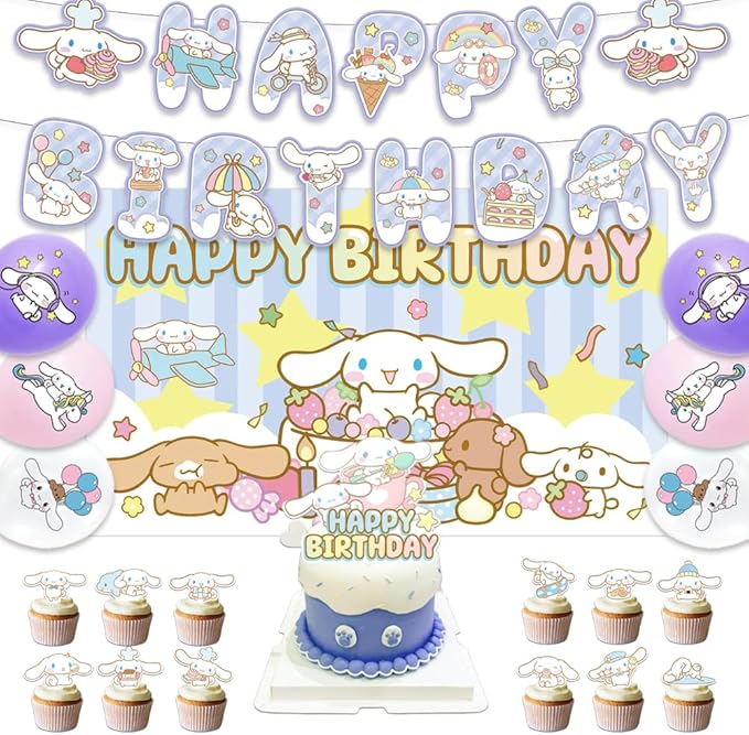 42pcs Cinna-morolls Birthday Party Supplies Pack Includes，Banner，Cake Topper，Blackdrop,Balloons for Cinna-morolls party decoration
