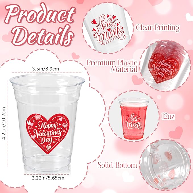 100Pcs Valentine's Day Party Decoration Cups, 12oz Pink Red Valentine's Day Heart Disposable Clear Plastic Cup for Valentines Day Birthday Wedding Drinkware Beverage Drinks Party Decor Supplies