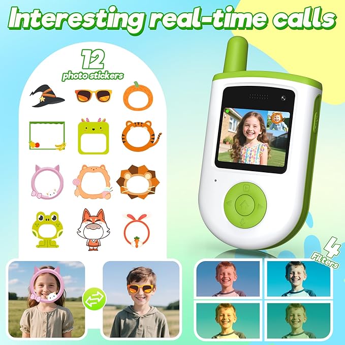 Video Walkie Talkies for Kids - 2 Pack Rechargeable Video Intercom Kids Walkie Talkies with Three Games & Sticker Effect, Indoor Outdoor Toys for Family Games, Birthday Gift for Boys Girls Ages 3-8