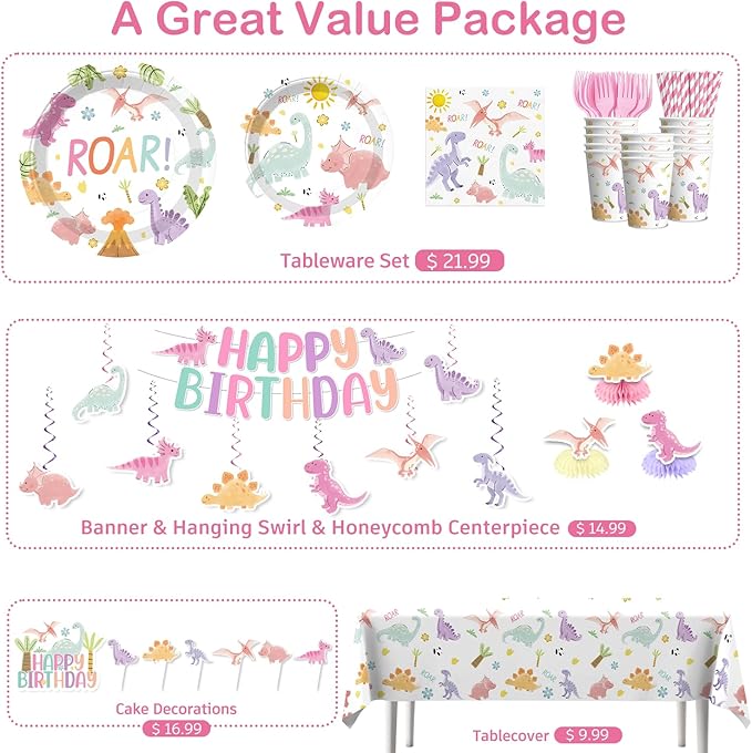 Xynic 201 Pcs Pastel Dinosaur Birthday Decorations Girl, Dinosaur Birthday Banner, Cupcake Toppers, Disposable Table Cloth, Plates and Napkins Pink Watercolor Cute Girls Dino Theme Party Supplies