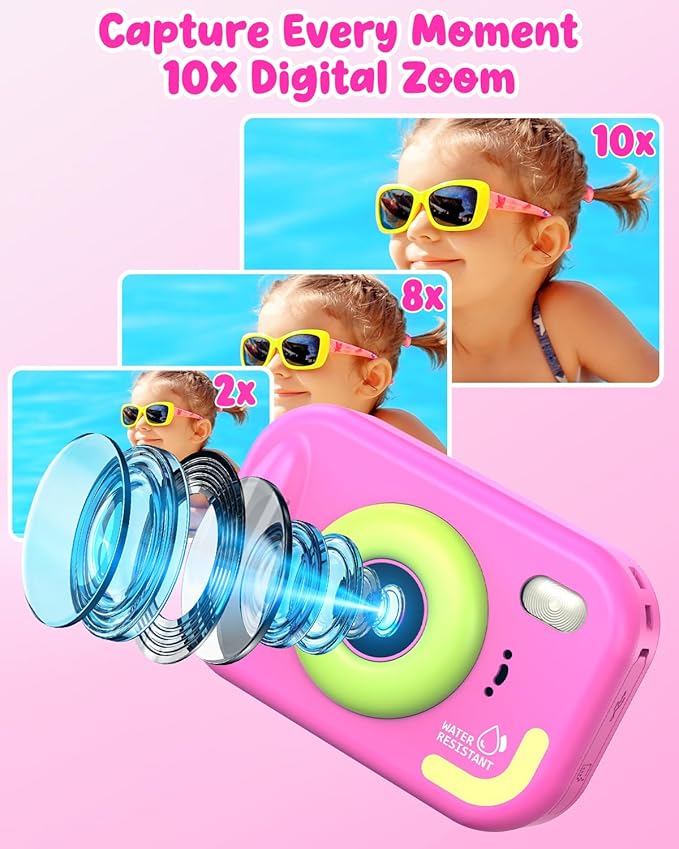 Waterproof Kids Camera, Underwater Camera for Kids 1080P Digital Video Camcorder with 2.4” Display, 32GB TF Card, Emergency LED Flash, Diving Swimming Beach Pool Toys for 3-12 Years Old Girls, Pink