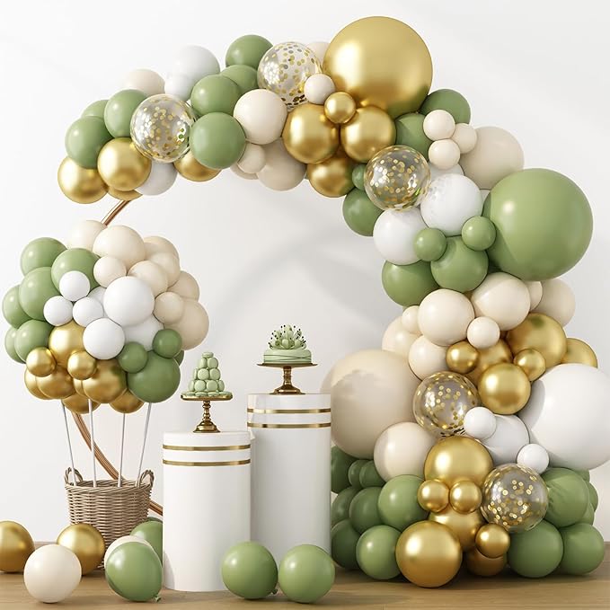 RUBFAC Sage Green White Gold Balloon Garland Arch Kit 129pcs Different Sizes Pack of 18 12 10 5 Inch, Latex Sand White Cream Confetti Gold Balloon Garland Arch Kit for Birthday Engagement Wedding