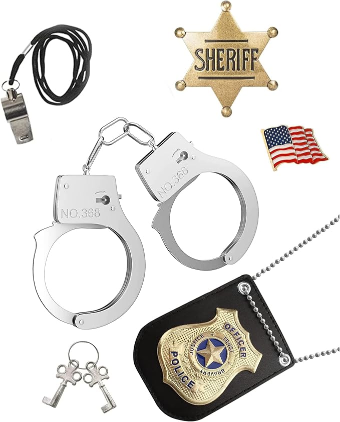 Police Badge Police Pretend Play Toy Set for Metal Handcuffs with Key American Flag Waving Lapel Pins Whistle Halloween NYPD Police Sheriff Badge Dress Up Pretend Play Accessory