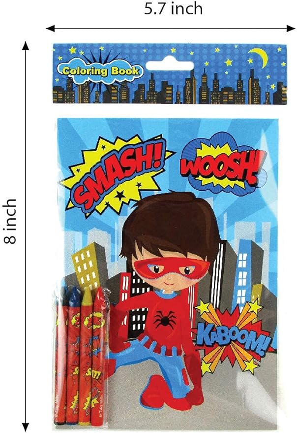 TINYMILLS Superhero Coloring Books for Kids – 12 Coloring Books with 48 Crayons, Superhero Party Favors, Classroom Rewards, Favor Bag Fillers, Superhero Birthday Party Supplies