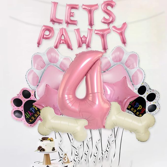 4th Dog Balloons 18pcs Lets Pawty Balloons Dog Paw Birthday Decor Pink 32 inch Pink Number Balloons 4 Mylar Foil Balloons for Lets Pawty Birthday Decorations Dog 4th Birthday Party Supplies