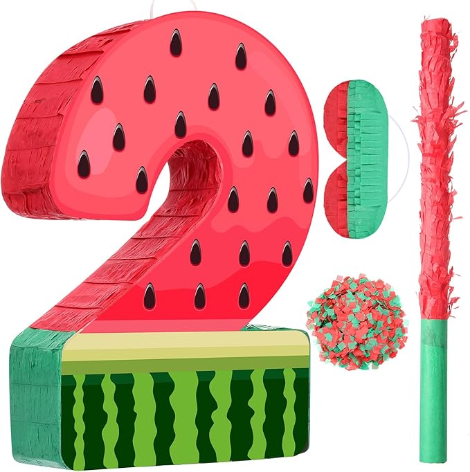 Watermelon Piñata Fruit Number 2 Red Watermelon 2nd Birthday Piñata with Bat Stick Blindfold Mask Confetti for Summer Birthday Party Supplies(2)